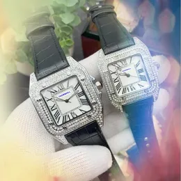 Neueste Mode Full Diamonds Dial Ring Uhren 40mm 34mm Luxusmodische Männer und Frauen Kuh Lederband CLCK Square Römische Panzer Wählmaschine Reloj Mujer Geschenke