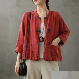 Roupas étnicas Tradicional estilo chinês Mulheres camisa 2021 Tang Tang linen algodão hanfu cheongsam top bordas roupas groe entrega um dhbxa