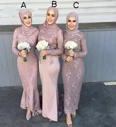 2020 High Quality Satin Long Sleeve Muslim Bridesmaid Dresses With Hijab Lace Applique Sheath Wedding Guests dama de honra adulto 7254635