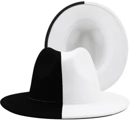Black White Patchwork Wool Felt Jazz Fedora Hat Women للجنسين على نطاق واسع Brim Panama Party Trilby Cowboy Cap Men Gentleman Wedding Hat 240401