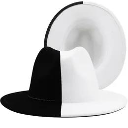 Black White Patchwork Wool Felf Jazz Fedora Hat Women Unisex Wide Brim Panama Party Trilby Cowboy Cap Men Cappello da matrimonio Gentleman 240401