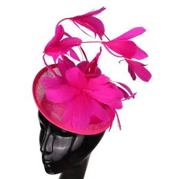 Pink Wedding Headwear Imitação Sinamay Mulheres Fascinador Chapéu Feather Bride Hair Acessórios