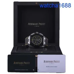 AP Tourbillon Wristwatch Royal Oak Offshore Series 26420 CELA PLACA preta Placa amarela Listra gravada Automático Mechanical Mens Watches Plate 43mm Completo