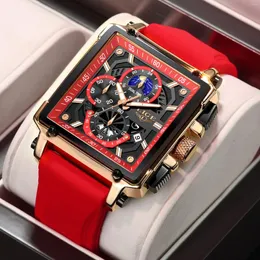 Нарученные часы Lige Man Watch Top Hollow Square Sport Watches для мужчин модные силиконовые водонепроницаемые 24 -часовые лунные фазовые кварц