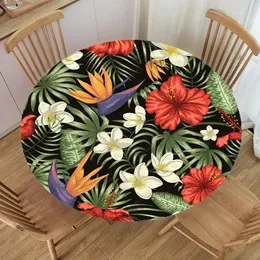 Bordduk Tropiska växter Runt bordsduk monterad elastisk kantad blommig vattentät polyesterskydd för matsalens kök picknick