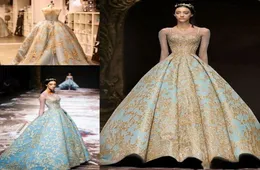 Michael Cinco 2019 Ball Gown Prom Dresses Vintage Gold Lace Sweep Train Aftonklänningar Plus Size Illusion Långärmad Arabisk fest 8447965