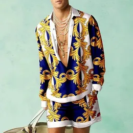 Mönstrad skjorta set 3D tryckt herr casual mode långa ärmar skjortor överdimensionerade strand shorts sommar streetwear kostymer kläder 240420