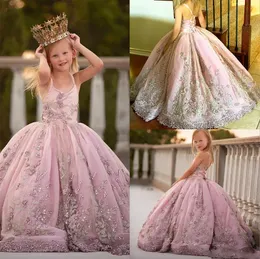 Vestido de esfera rosa flor, garota 2024 pérolas de renda de pérolas Aplicado bebê vestidos de comunhão da primeira comunhão vestidos de concurso de menina