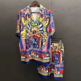 Herren Trailsuits Ethnic Vintage Portrait Print Shirt Short Slve Casual Men Shirt Anzug Sommer Camisa Maskulina Farbkontrast Set Moda Hombre T240409