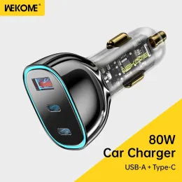 Wekome 80W Car Charger Type C Snabbladdning QC4.0 PD3.0 SCP AFC-protokoll 1 USB/2 Typ-C-portar för iPhone/Samsung/Xiaomi/Huawei