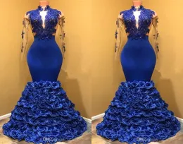 2018 New High Neck Sheer Long Sleeves Mermaid Prom Dresses Long Applique3D花の花の床の長さフォーマルパーティーイブニングドレス5585291
