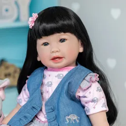 24inch zaten boyalı bitmiş yeniden doğmuş bebek yürümeye başlayan kız teegan, siyah saçlı popüler hayat benzeri yumuşak dokunuş 3d cilt sanat bebek