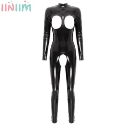 Öppnar Kvinnor Sexig ihålig Crotchless Jumpsuit Nattklubb Öppen bröst Långärmad Catsuit Mock Neck -blixtlås Patent Läder Bodysuit