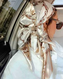 Scarves Satin Square Scarf Women Muslim Hijab Elegant 2023 Print Silk Neckerchief Shawl Wraps Headband Handle Hair Accessories Bandana240409