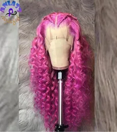 Pink Color 180density HD Transparent spetsfront peruk kinky Curly spets frontala mänskliga hår peruker för kvinnor syntetiska2387536