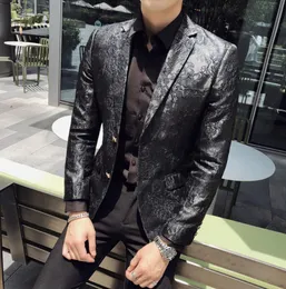 Mens black suit British style Casual suits for men Leather fabric pattern printing Actor singer performing men suit jacket6886459