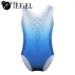 Stage Wear Kids Girls Sparkly Rhinestone Gymnastic Leotard Sleeveless Color Gradient Ballet Dance Bodysuit Ballerina Dancewear Costume