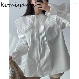 Kvinnors blusar spetsar laper lapel bandage skjortor veckade blusas mujer koreanska milda kamisor elegant lös ropa vår kvinnors kläder