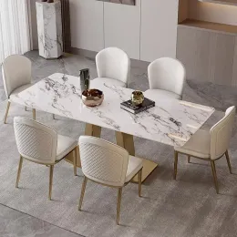 Sala de jantar luxuosa conjuntos de aço Base Placa de rocha brilhante Retângulo Retângulo Tabletop 70 polegadas Tabela de jantar de ouro móveis de cozinha