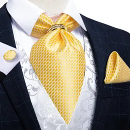 Homens moda moda amarela branca xadrez de seda branca Cravat Ascot Casamento de luxo auto -britânico estilo pescoço acessórios DiBangu240409