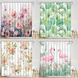 Shower Curtains Watercolor Floral Curtain Spring Farm Botanical Leave Flamingo Tropical Plants Palm Polyester Fabric Bathroom Decor