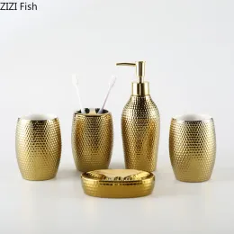 Golden Ceramic Wash Kit Hotel Handwaschflasche Mundwash Cup kreativer Seife Seifenschale Set Home Badezimmerzubehör Set Set