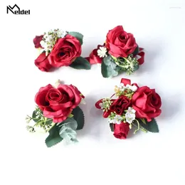 Flores decorativas Meldel Corsage Wrist Flower Artificial Wedding Girl Bracelet Groom Boutonniere Men Broche Pins Bridal Red Rose