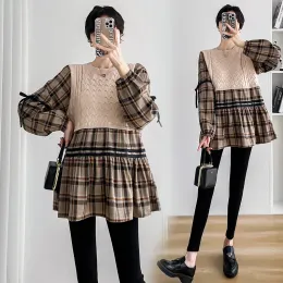 Autumn Winter Plaid Patchwork Sticked Maternity Blauses Loose Shirts Clothing Precklant Women Graviditet Tops Blusa de Maternidad