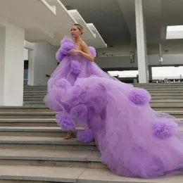 Chegada Lavanda Vestidos de tule extra para mulheres Um vestido de baile de noite de um ombro comprido comprimento com túnica de trem Kleid