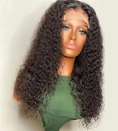 26 дюймов 180density Natural Black Color Long Kinky Curly Part Charce Blueless Syntetic Lace Front Wigs Remy с детскими волосами 6704634
