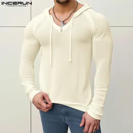 Con cappuccio maschile 2024 uomini colori solido v al collo manica lunga pullover a maglia a maglia streetwear fitness fust ficetta casual s-2xl incerun