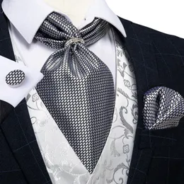 Design Men Ascot Tie With Ring Silver Check Wedding Formal Cravat Silk Self British Style Neck Handkerchief Set DiBanGu240409
