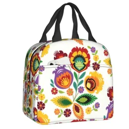 Drives Polish Folk Flowers Portable Lunch Box Poland Floral Print Cooler Thermal Food Insulated Lunch Bag for Women Kids Picnic Bags