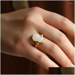 Clusterringe Originalmarke Natural Hetian Jade Gourd Open einstellbarer Ring Exquisites chinesisches Pfirsich Herz Damen Sier Schmuck Drop del dhehj