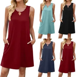 Casual klänningar Kvinnor Fashion Solid Color Youthful Sleeveless Vest Pocket Dress Slim-Temperament Party Robes Longues Longues