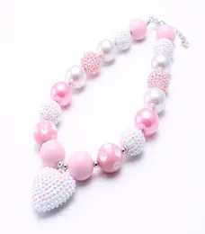 Love Heart Pendant Baby Kid Chunky Necklace Pinkwhite Girl Kids Bubblegum Chunky Bead Halsband Barn Juveler1023666