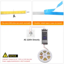 DC 5V 12V 24V Cob LED Faixa 320 384 480 528LEDS/m Densidade de alta densidade Fita LED Fita LED LUZ DE 3MM 5MM 8MM PCB LUZ