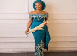 Aso Ebi Teal Mermaid Evening Dress с плеча с бусинными русайками платья по выпускному выпускному