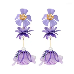 Dangle Earrings European And American Fairyland Girl Personality Iron Skin Paint Baked Chiffon Flower Fashion