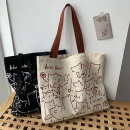 Canvas Bags Handbag for Women Shopper Cute Cat Tote Bag with Zipper Designer Japanese Style Cartoon Small Shoulder 240401