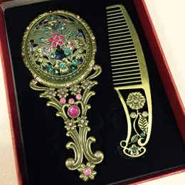 Make Up Mirror Chinese Vintage Hollowout Carving Rhinestone Comb Set 15 240325