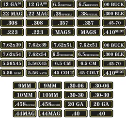 Munizioni possono adesivo .22 .223 .308 .300 .380 5.56 7.62 9mm 12ga .357 6,5 cm 20ga adesivo per pelle in vinile per etichette di varietà di proiettili