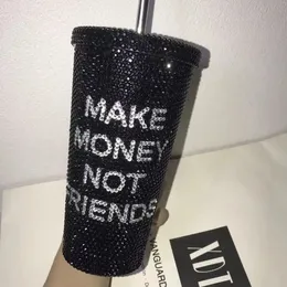 Rhinestone Straw Fincan Para Olun Arkadaş Değil 304 Yeniden Kullanılabilir Kapak Yalıtımlı Paslanmaz Çelik Su Şişesi Tumbler 240409