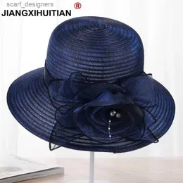 ワイドブリムハットバケツ帽子jiangxihuitian 2018 New Pearls Sun-Shading Hat女性夏のレースフラワーズサンハットアンチウブビーチハット折りたたみ式ワイドチャーチハットY240409