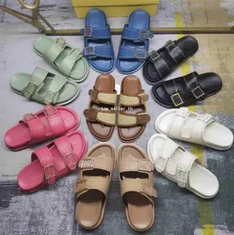Modekänsla Sandaler Designer Men Graphy Slippers Women First Satin Sandal Luxury Suede Leather Wide Cross Laces Slide Sand Shoes Storlek 35-45