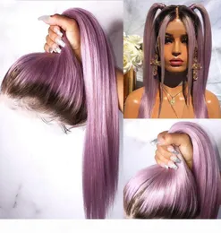 Ombre Purple Human Hair Wig Purple Straight Lace Front Front Wigh with Baby Hair Brazilian Remy 투명 레이스 가발