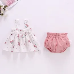 Kläderuppsättningar 0-2 år Baby Summer Dress Suit Girl Clothes Spädbarn Småbarn Cherry Sling Bread Pants Two-Piece Set