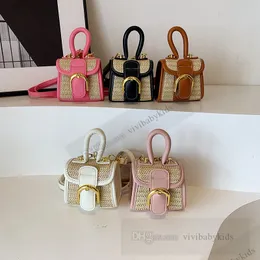 Fashion Kids handbags children grass weaving splicing PU leather messneger bag girls metals horseshoe buckle crossbody bags Z7603