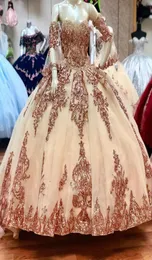 2021 Sexig Rose Gold Sequined Quinceanera Ball Gown Dresses Sweetheart paljetter Lace Applicques Crystal Tulle Sweet 16 Corset Back PA4746757