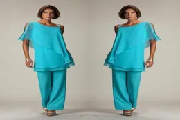 Light Blue Two Pieces Mother of the Bride Pant Suits Layered Ruffles Tops Beaded Chiffon Mother Plus Size Wedding Guest Dress BC181461481